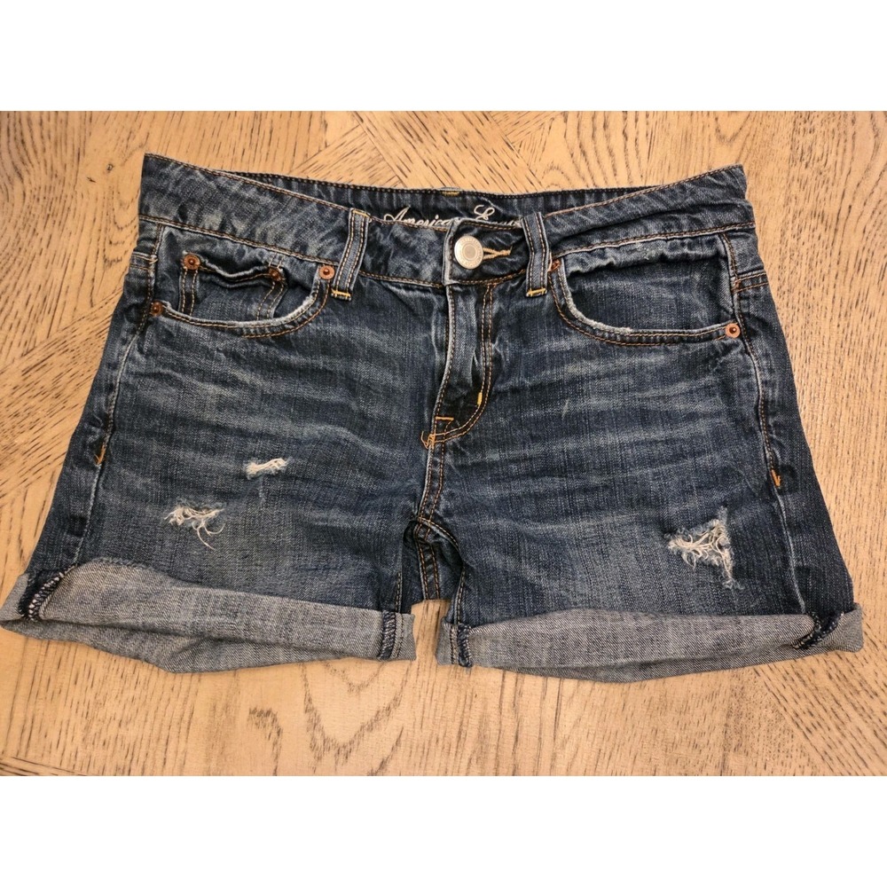 American Eagle Shorts Womens Distressed Denim Shorts Blue Low Rise Cuffed Size 0